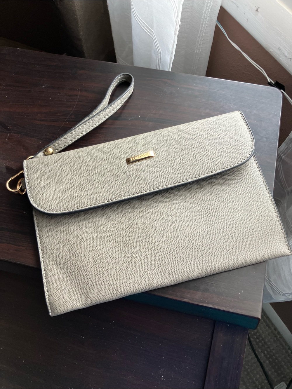Grey Textured Wristlet Clutch with Gold Accent